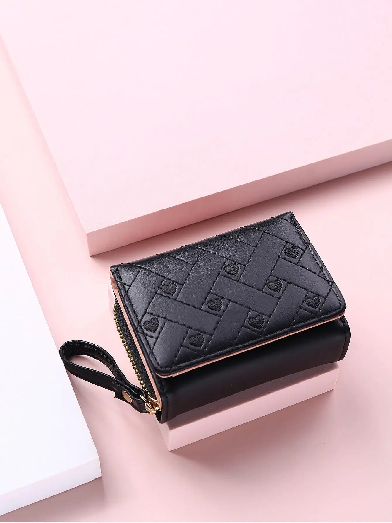 

Elegant Heart Embroidery Wallet for Women, Slim Fold Over Zip ID Card Coin Purse - Valentine's Birthday Gift for Her, Girlfriend