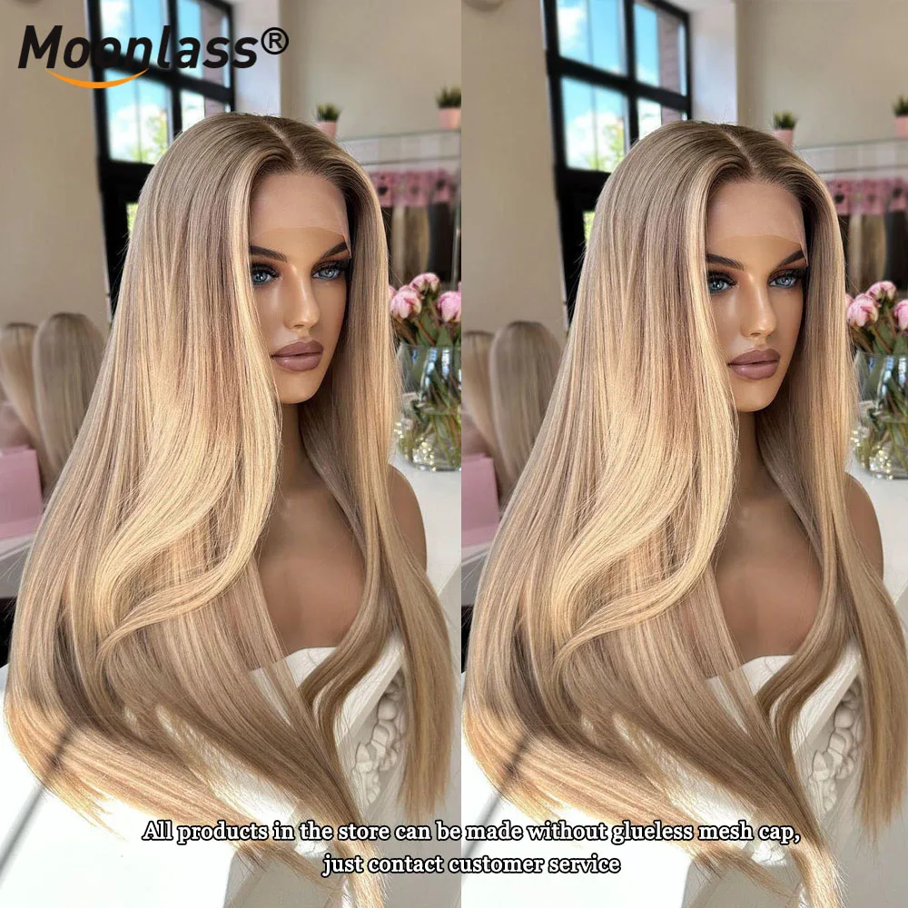 Moonlass Christmas Straight Ash Blonde 100% Real Human Hair 210% Density Ready To Wear Pre Cut Hair Wig 13x6 Lace Front Remy Wig