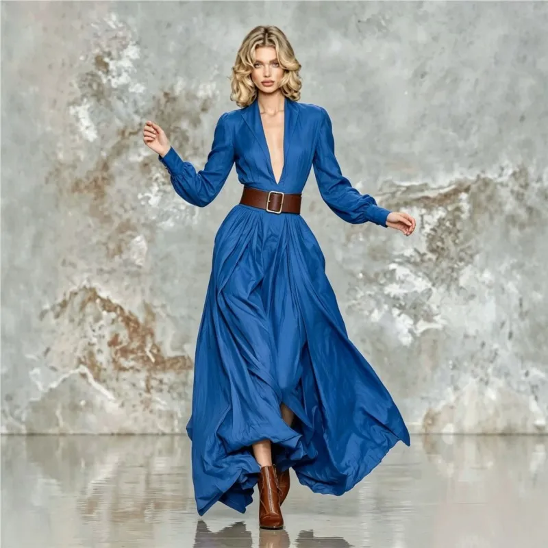 Autumn Fashion Sexy Deep V Neck Long Sleeve Women's Big Hem Long Dress Elegant Female Slim Pocket Party Dress (Including Belt)