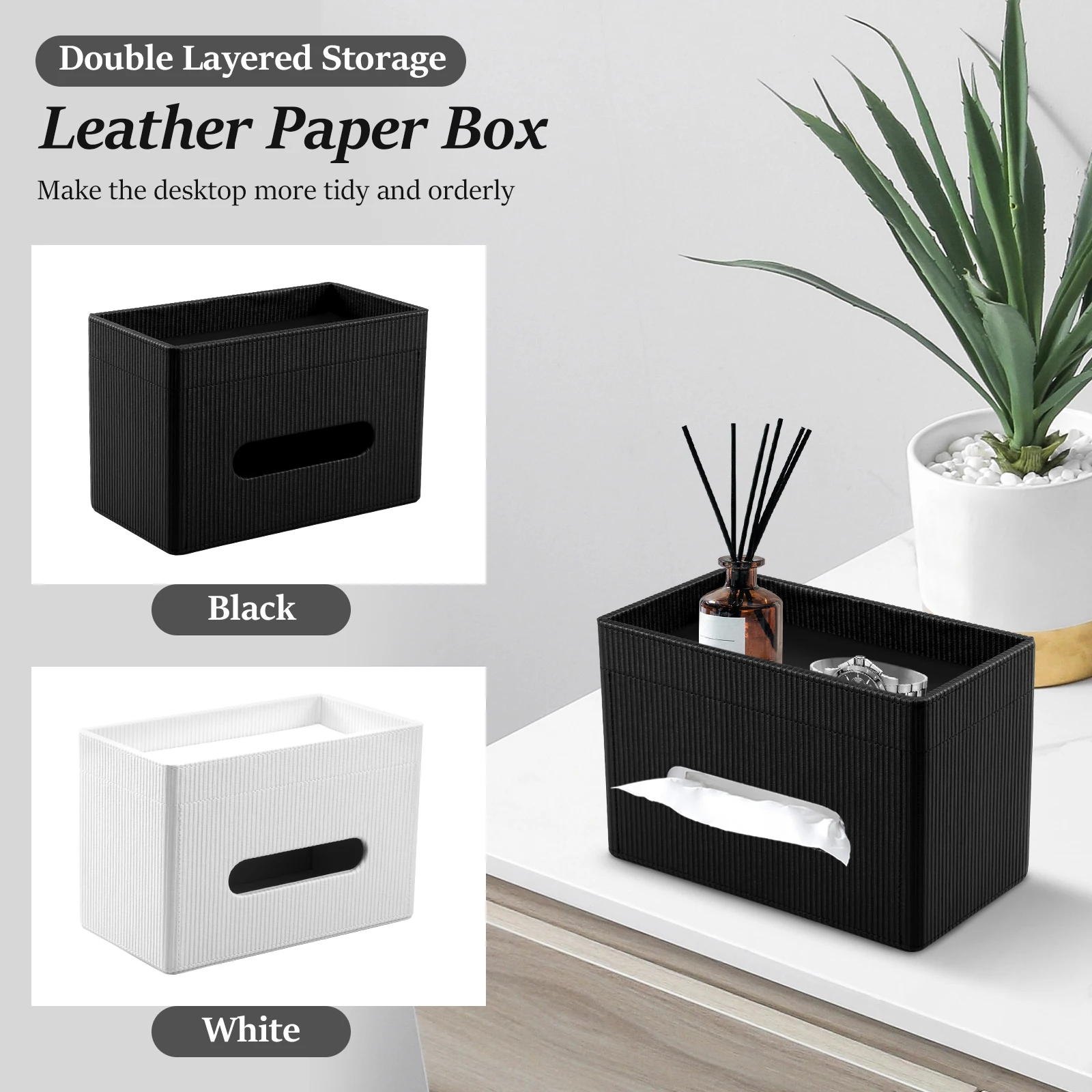 

Tissue Box with Magnetic Cover Tissue Case with Storage Tray PU Leather Facial Paper Desktop Organizer Napkin Dispenser holder