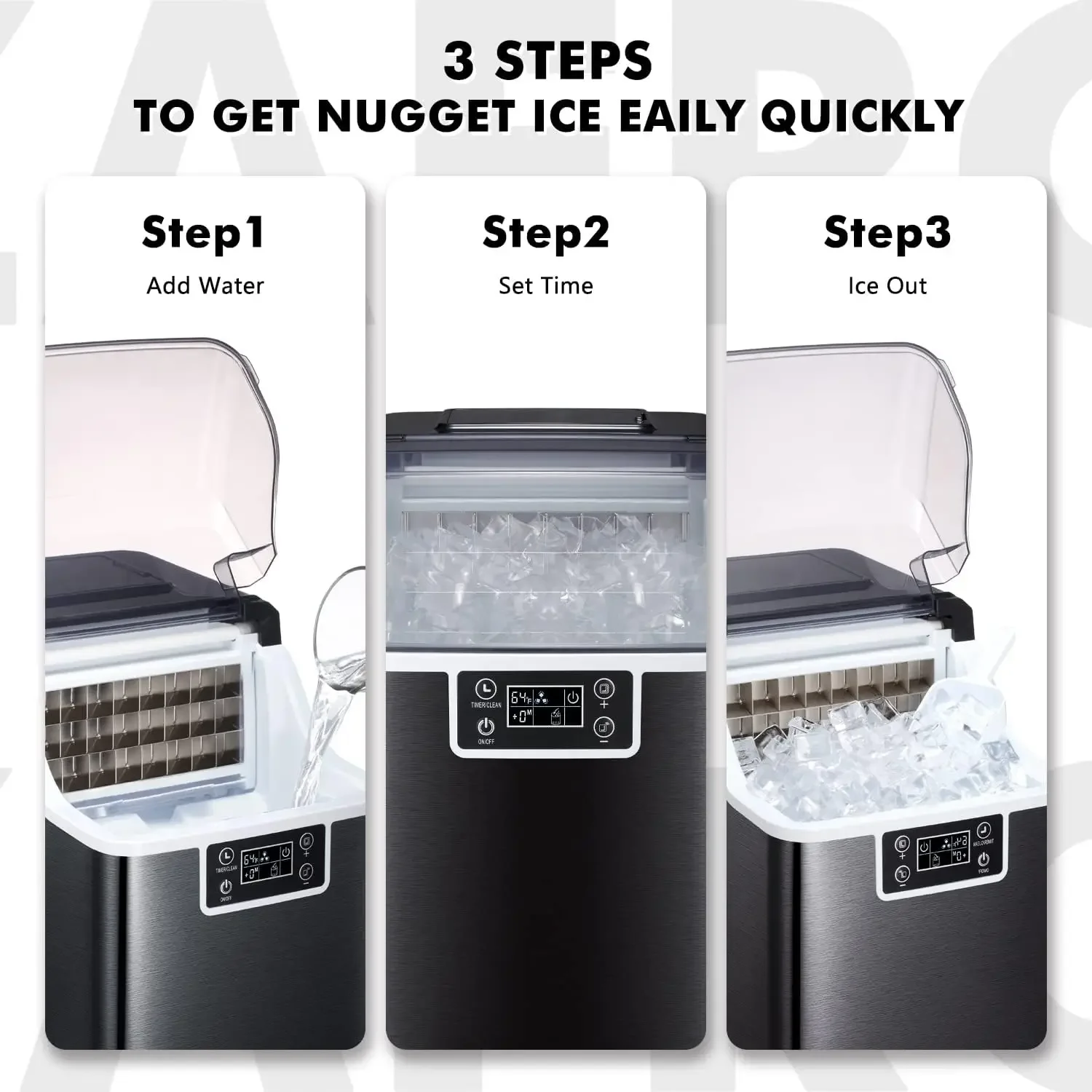 Máquina Self-Cleaning Countertop Ice Maker, Quadrado, de alta eficiência, 2-Way Adicionar, 45 Lbs por dia, 24Hrs Temporizador, Compacto e Confiável