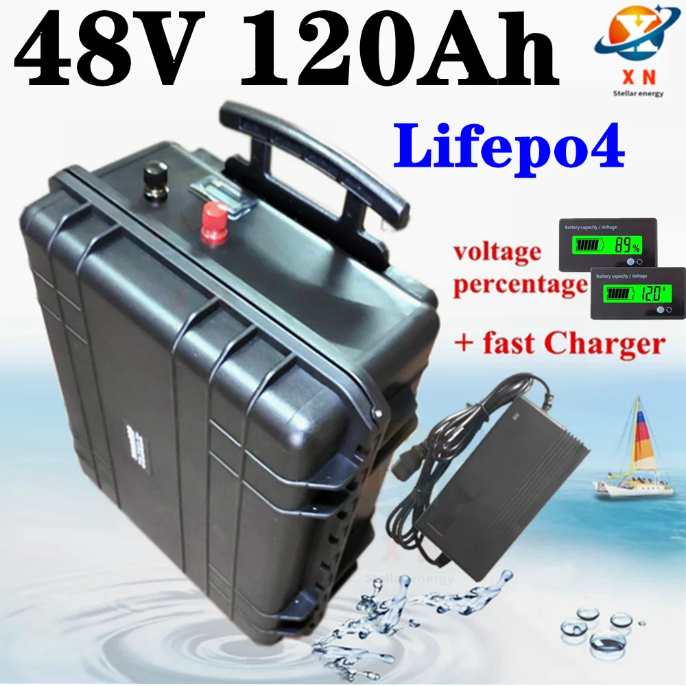 

waterproof 48V 120Ah Lifepo4 lithium battery BMS Wheeled trolley case for 7200W Scooter Tricycle mower boat + 10A charger