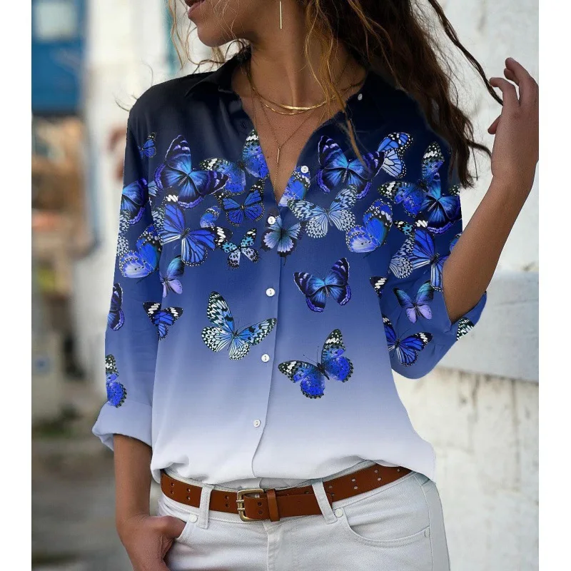 2024 new women\'s fashion lapel long-sleeved shirt 3d printed floral print casual shirt female versatile fashion