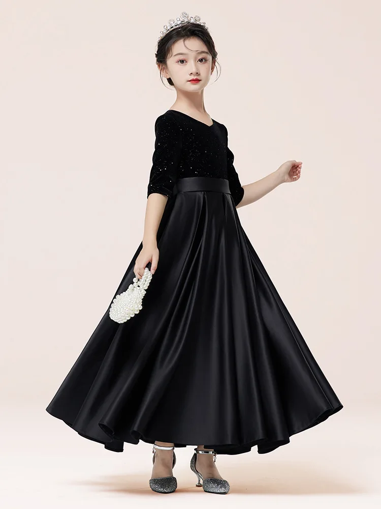 Princess Girls Black Evening Dress Children Shining Birthday Wedding Cos Colthes Kids Piano Prom Performance Photography Costume