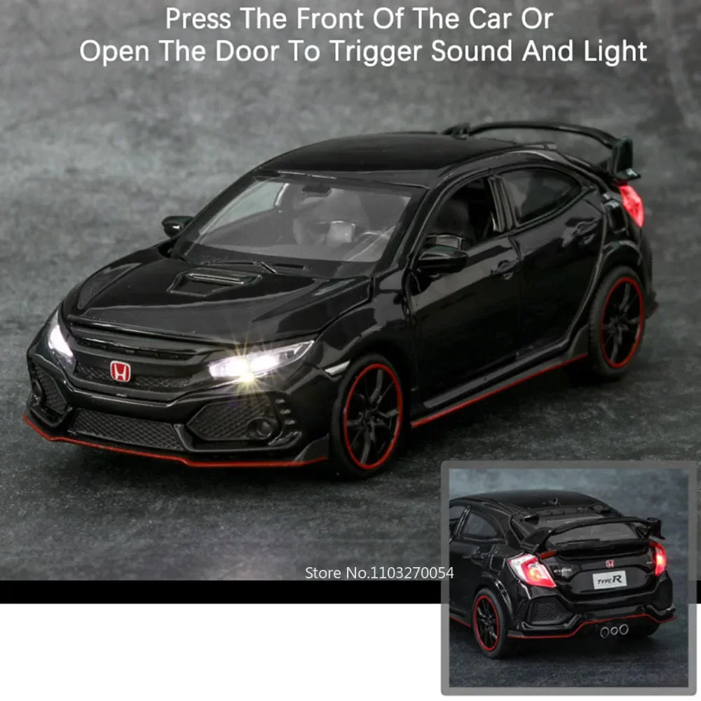 1:32 Honda CIVIC TYPE-R Modèle Alliage Jouets Voiture Moulé Sous Pression En Métal Vehice 4 Portes Ouvertes Son Lumière nervure Arrière Collection De Jouets Pour Enfants