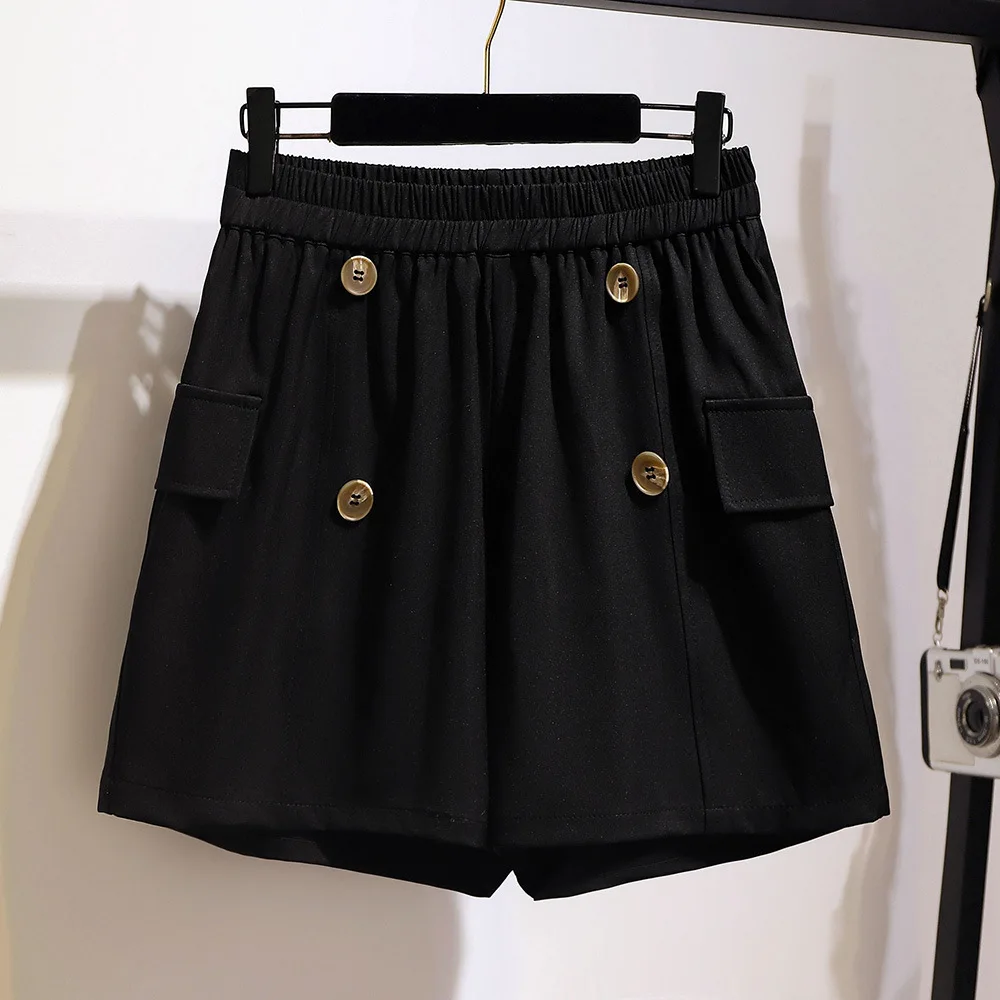 Neue 2022 Damen Sommer Plus Größe Shorts Frauen Große Größe Lose Beiläufige Breite Bein Taste Tasche Schwarz Shorts 3XL 4XL 5XL 6XL 7XL