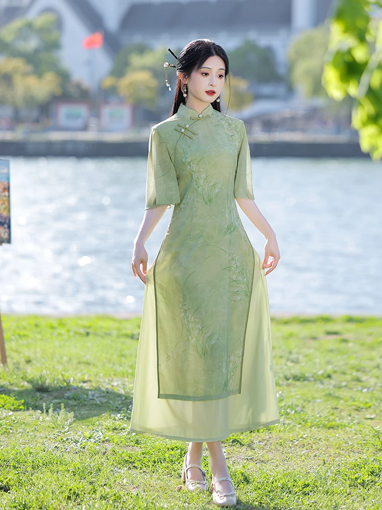 

een Qipao Young Girl's New Chinese Sle Daily Wear Summer Season ort Sve Middle Length Retro Sle Faionable Women'...