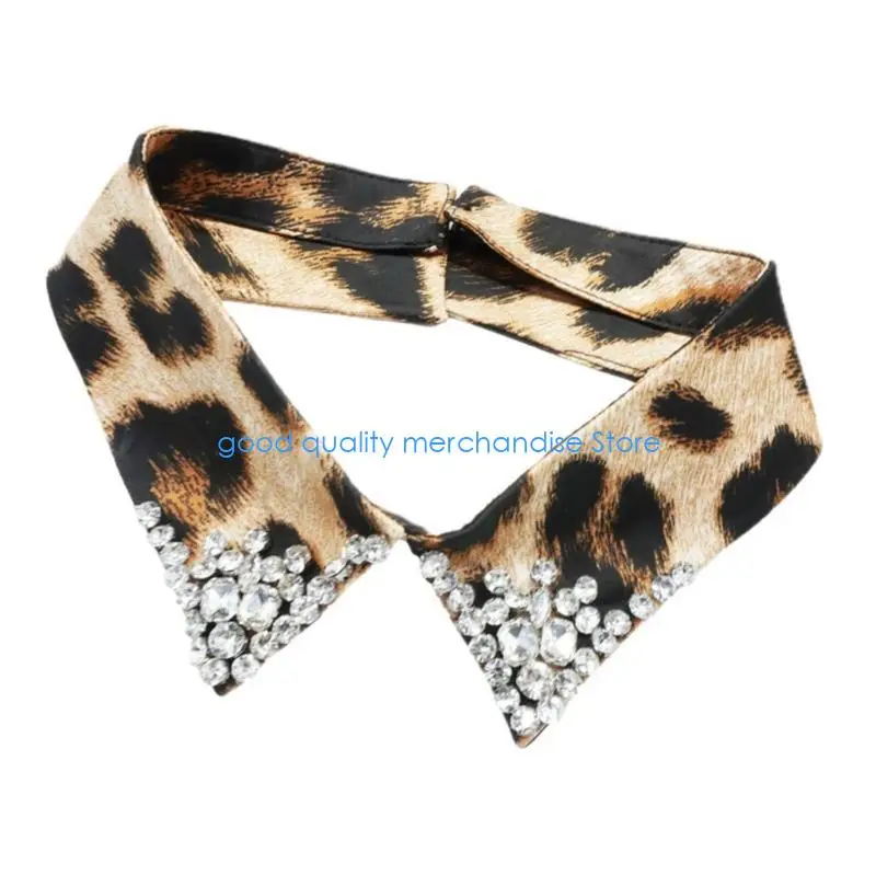 Y5JD Leopard Pattern Detachable Faux Collar with Rhinestones Decors Neck Accessory For Women Teens Everyday Outfit Enhancer