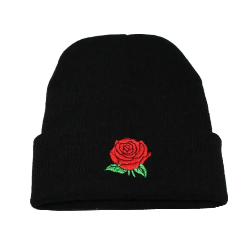 

Warm Wool Knit Skullies Beanie for Women Winter Embroidery Rose Hat