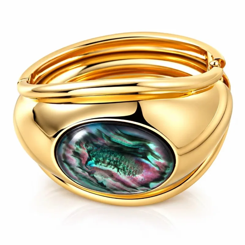 Vintage Big Oval Stone Cuff Bangle Wide Gold‑Plated Open Bangle Inlaid Marble Resin Stone Statement Bracelet for Women Party Jew
