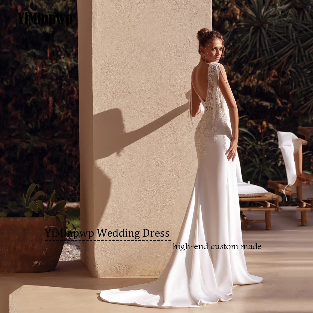 Satin Brautkleider Applique Meerjungfrau U-ausschnitt Pailletten Backless Quaste Braut Kleider Elegante Vestidos De Novia Angepasst