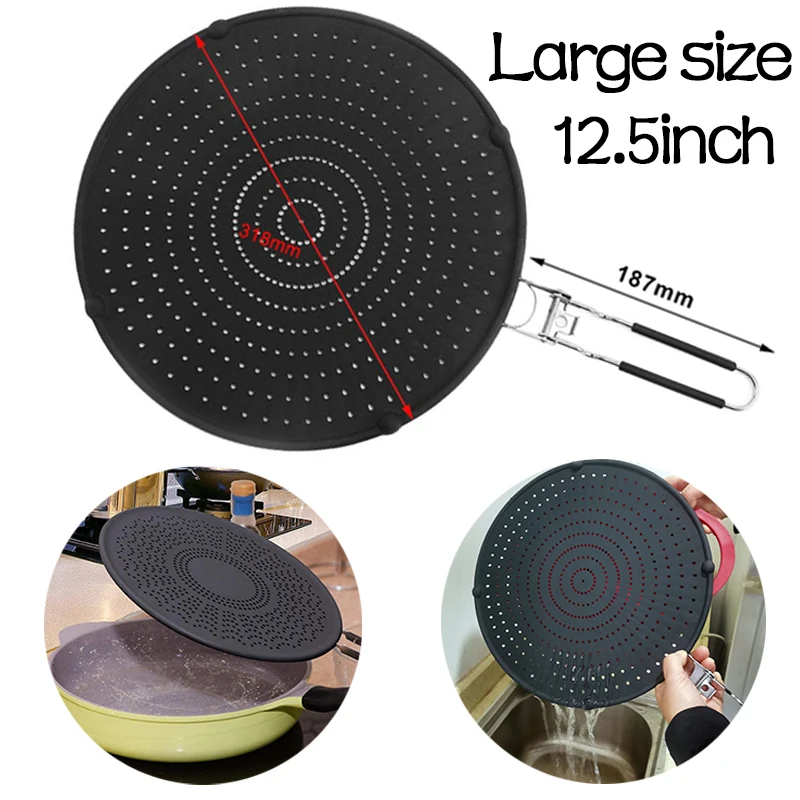 Silicone Kitchen Splatter Screen with Folding Handle Heat-resisting Oil Splash Guard Drain Board Cover Kitchen Frying Pan Lid