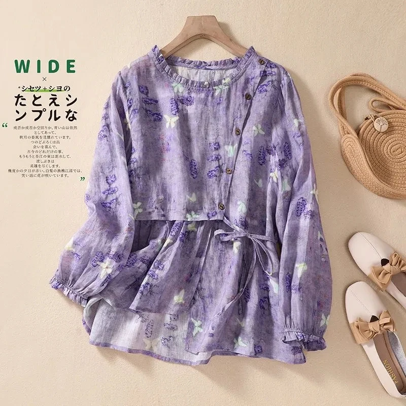 

Spring Autumn Long Sleeve Purple Green Floral Shirts Blouses Women Ruffle-Neck Button Trim Tie-Waist Irregular Cotton Linen Tops