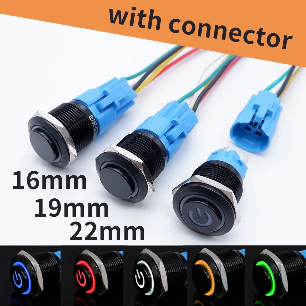 Black Push Button Switch 16mm 19mm 22mm LED Light Waterproof Illuminated Metal With Fixed PC Power Start Stop 3V 5V 12V 24V 220V