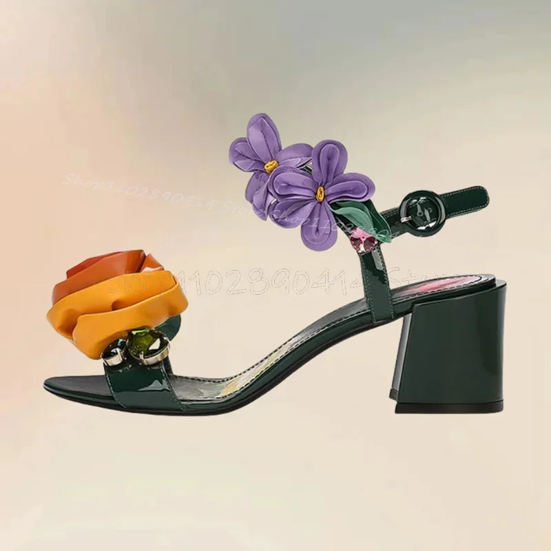 Colorful Appliques Decor Floral Print Sandals Ankle Buckle Strap Women Shoes Chunky High Heels Open Toe 2025 Zapatos Para Mujere