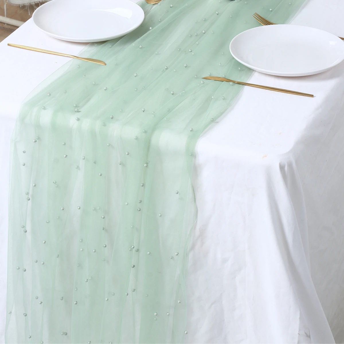 

Pearl Semi-Sheer Table Runner Romantic Pearl Mesh Tablecloth for Wedding Event Birthday Christmas Baptism Baby Shower Decoration