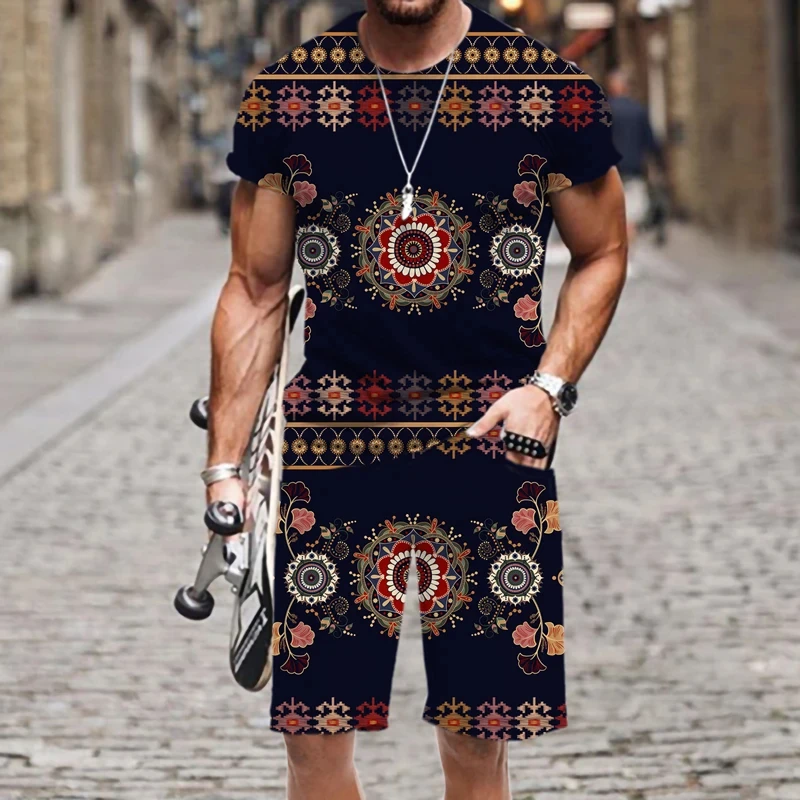 Men's T-shirt and Shorts Set Casual Wear Harajuku Hip-hop Fun Summer 2024 New Short Sleeved O-neck Fashionable Street Casual Top