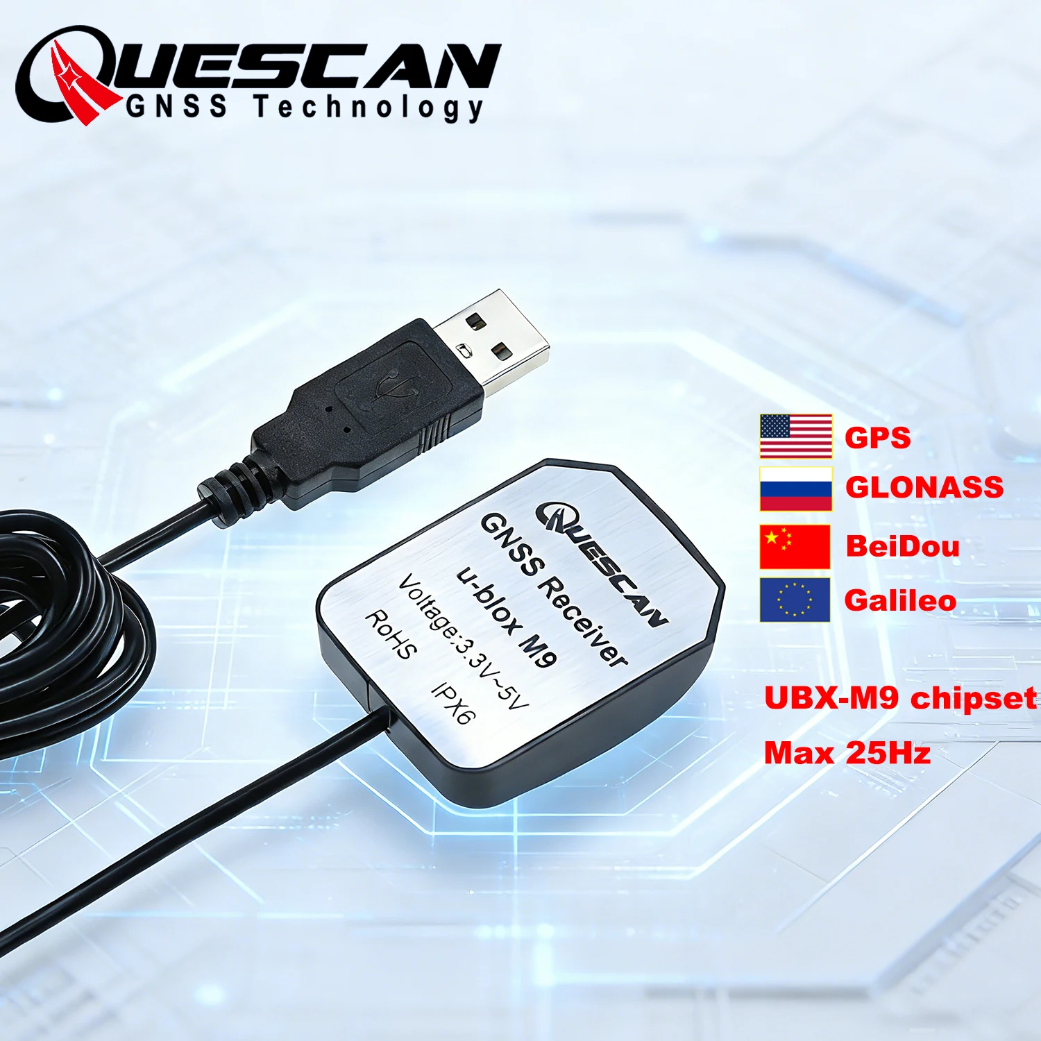 QUESCAN UBX-M9140-KA M9 USB GPS GLONASS Galileo BeiDou Antenna Receiver for Windows Android USB M9N GPS GNSS 25Hz USB NMEA RTCM