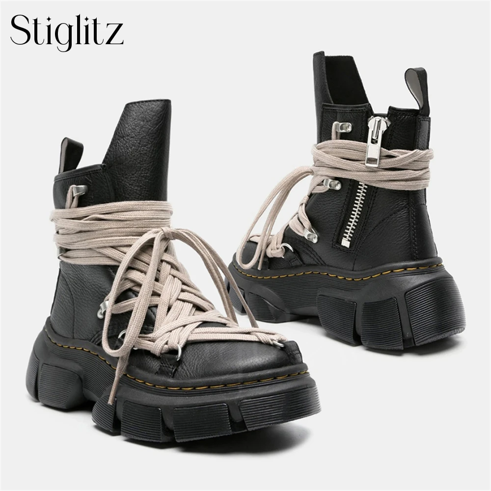 Cross Strap Ankle Boots Black Leather Fashion Style Motorcycle Boots Platform Heightening Punk Zipper Lace up Booties for Men