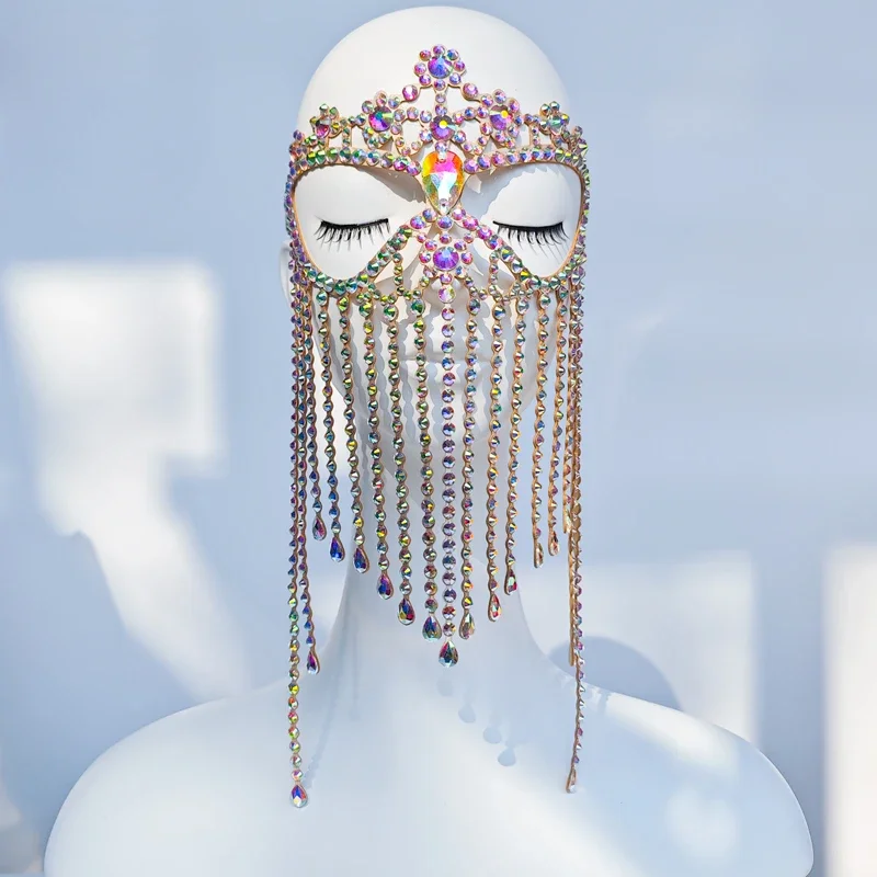 Exotic Exaggerated Tassel Mask for Women, Sexy Veil, Colorful Crystal Mask, Headband Chain, Prom Jewelry, Face Accessories