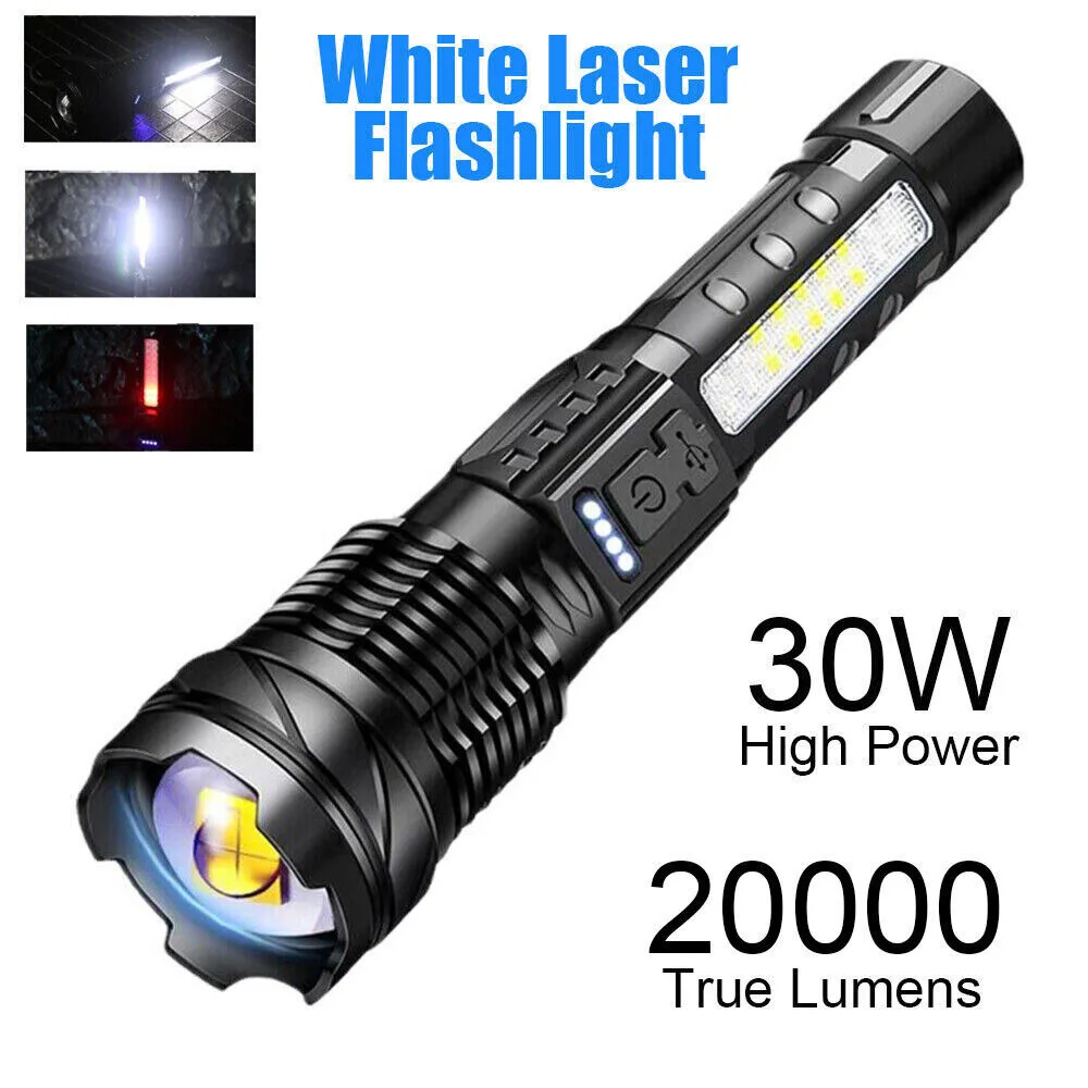 White Laser LED Super Bright USB Rechargeable Flashlight Tactical Military Torch