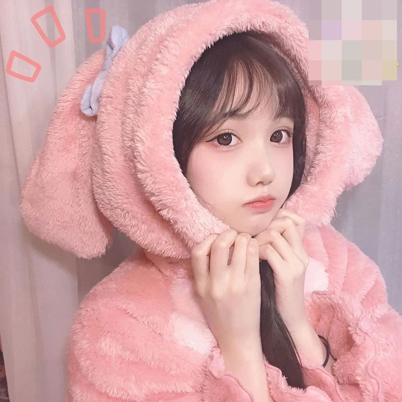 Women\'s Flannel Nightgown Winter Plush Warm Sleepwear Cosplay Rabbit Pajamas Costume Sweet Long Sleeves Sleep Dress Homewear