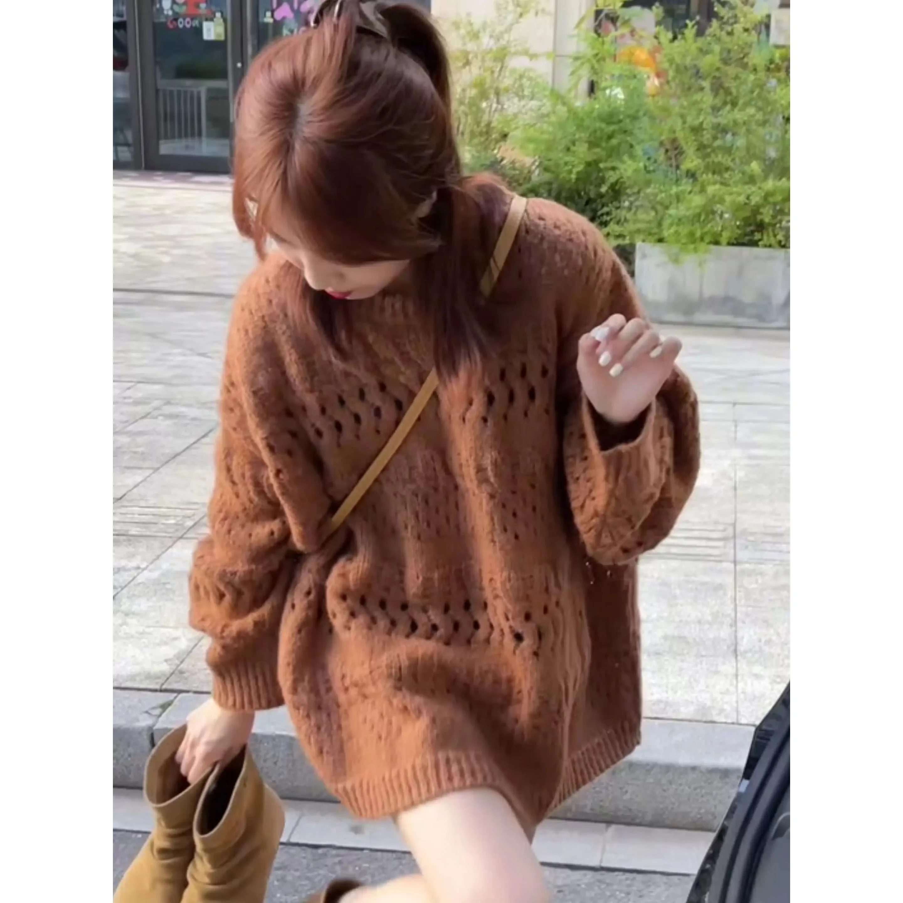 

Women's Knitted Hollow out Loose Fit round Ne Sweater Korean Sle Casual Faion Spring Autumn New Arrival