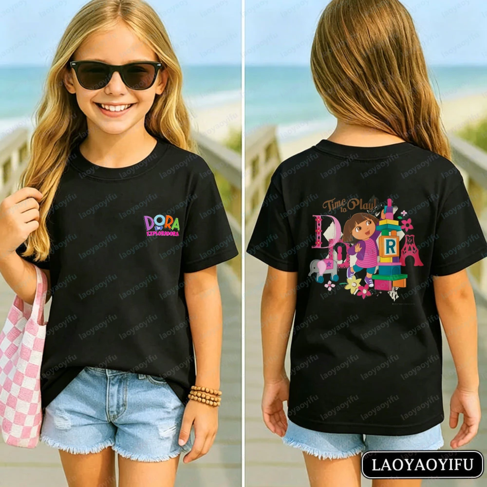 Camiseta Infantil de Algodão Alegre da Dora a Aventureira: Blusa Casual Temática de Brincadeiras para Crianças, Tendência de Verão, Camiseta Macia de Desenho Animado para Meninas