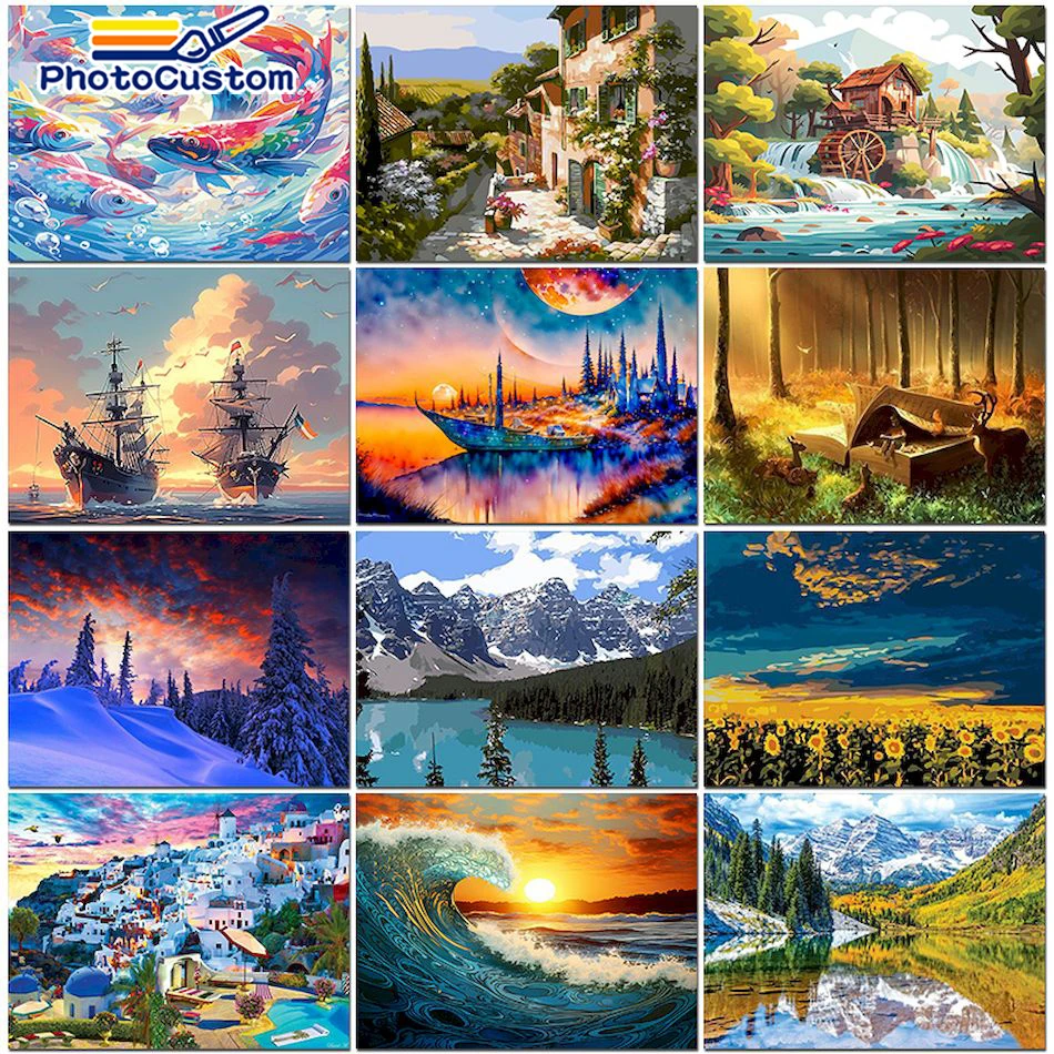 PhotoCustom Oil Painting Out By Number On Canvas Natural Landscape For Drawing Paint Kits For Adults Coloring By Number Decorati