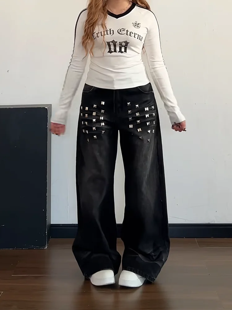 

Модные американские джинсы с заклепками, широкие, свободные, черные, универсальные, повседневные, прямые брюки больших размеров с высокой талией