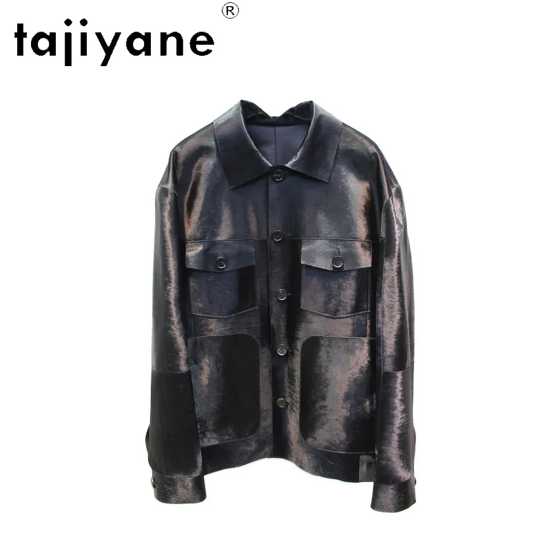 TAJIYANE High Quality Fetal Cow Shearling Fur Jacket Oversized Outerwear Gloss Black Real Fur Coat Women Clothing Vintage Coats