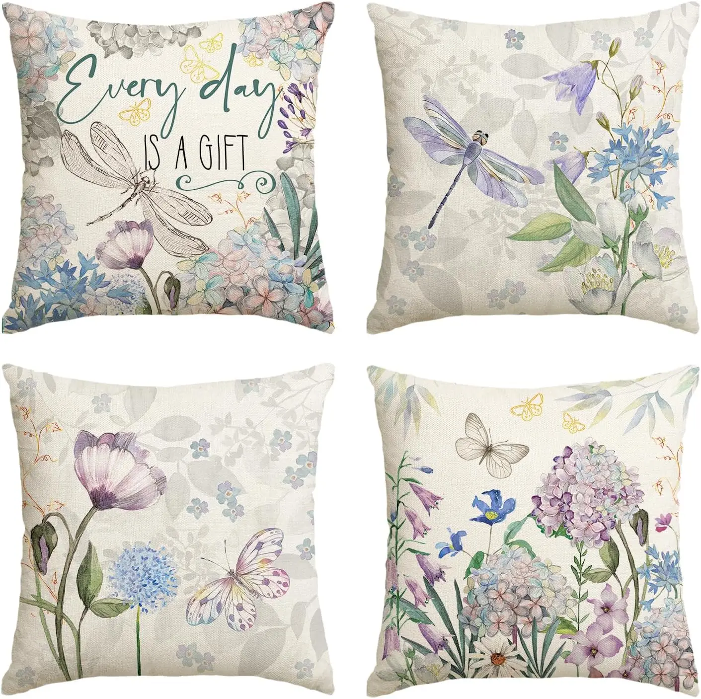 4 Pack Floral Watercolor Cushion Covers Set Cottagecore Botanical Print Throw Pillows for Sofa Bedroom Decor Home Accent Gift