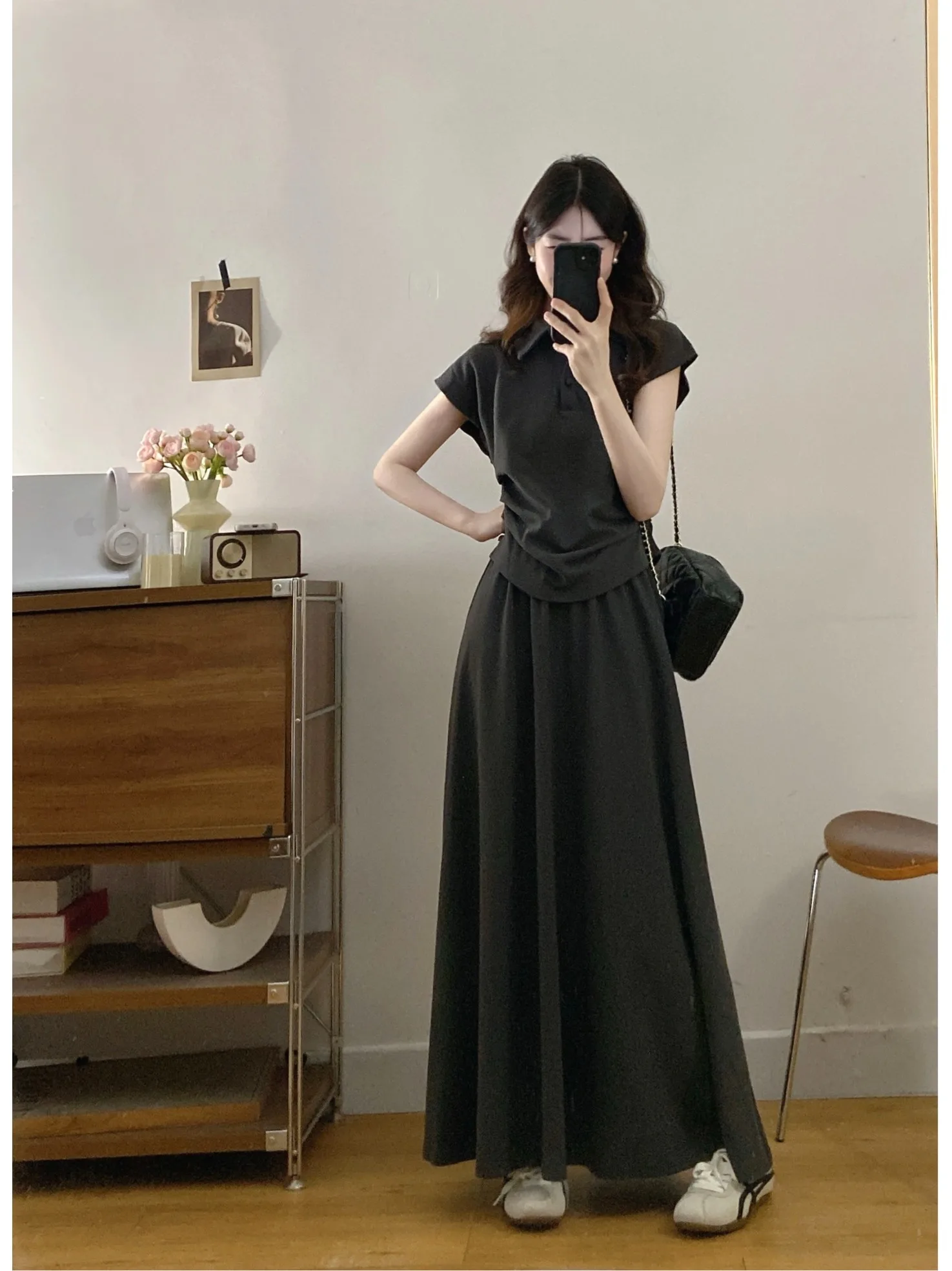 

plus Size Casual Set Summer New Korean Style Collar Sleeveless Shoulder Bared Pleated Top High Waist Dress
