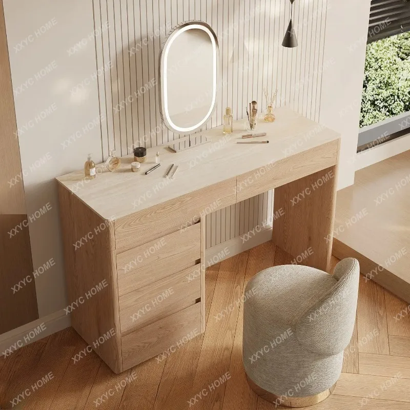 XXNew Modern Wooden Dresser With Mirror Vanity Table, Minimalist Makeup Desk With Storage Drawers For Small Bedroom