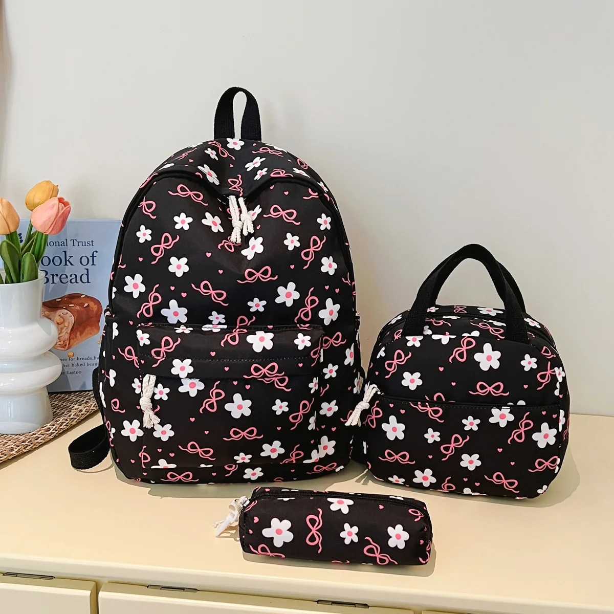 Sweet Simple Bow Tie Floral Three Piece Backpack Lightweight Large Capacity Multifunctional Student Backpack Campus Outdoor