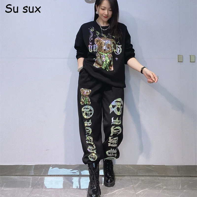 2026 Autumn Winter Cartoon Bear Oversized Pullover Sweatershirts Two Piece Sets Woman Outfits Casual Loose Pant Sets Bust120cm