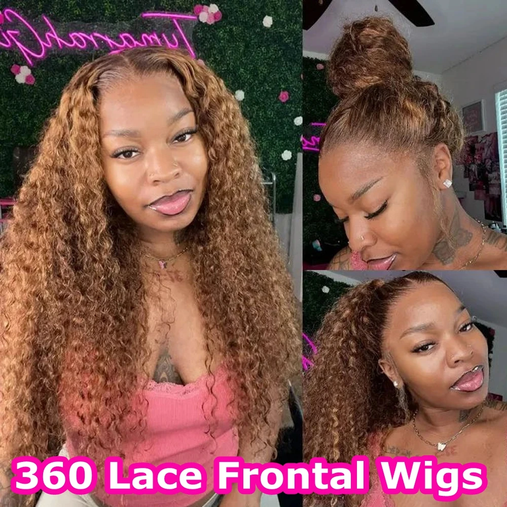 

Highlight Deep Wave Invisible Strap 360 Full Lace Frontal Wig Honey Blonde Deep Curly Frontal Wig Glueless Wig Remy Human Hair