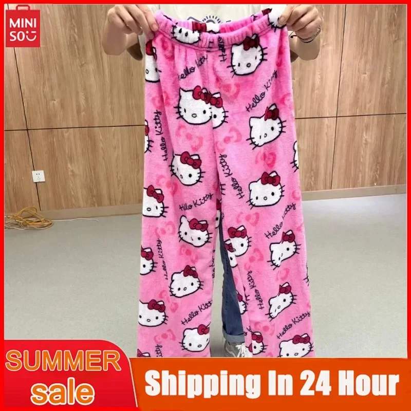 

Miniso Kawaii Hello Kitty Flannel Pajamas Y2k Girl'S Warm Woolen Anime Loose Home Pants in Autumn Spring Winter Fashion Pant