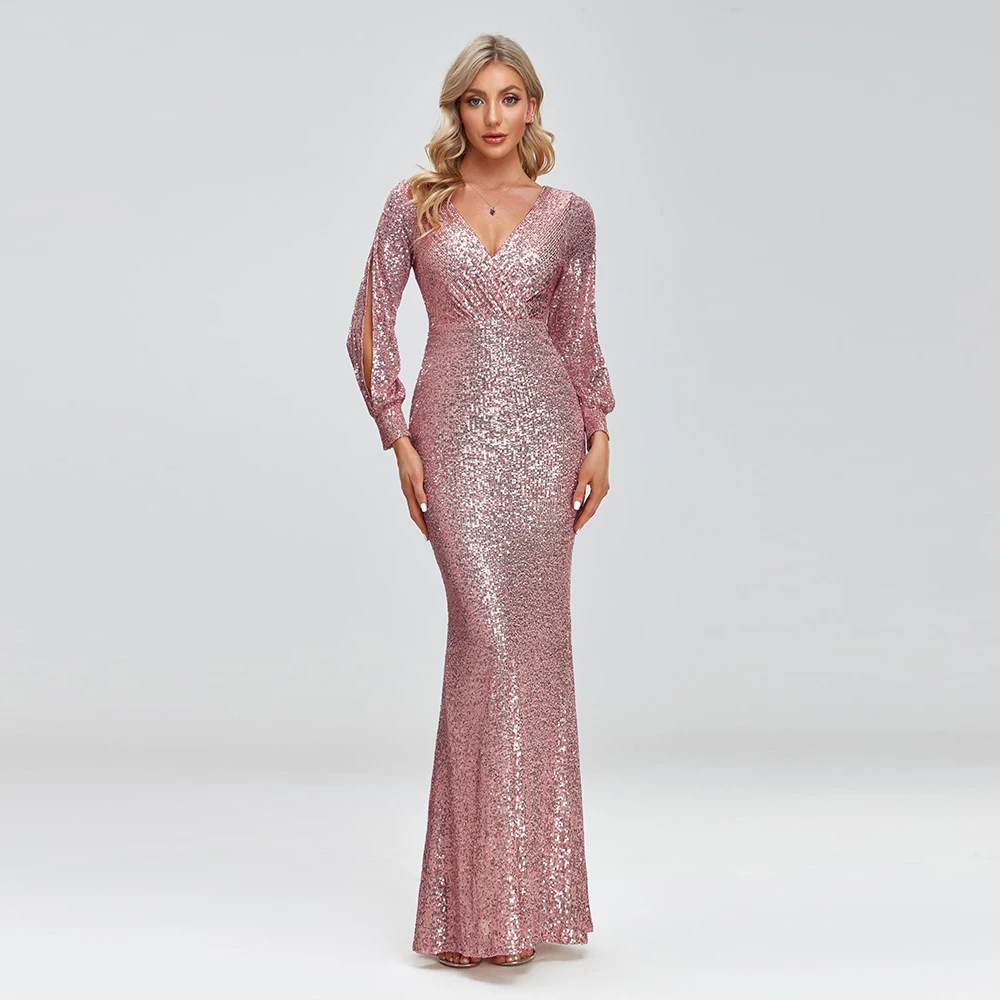 

2023 New Women Elegant V-neck Mermaid Evening Dress Floor Length Formal Prom Party Gown Sequins Long Sleeve Galadress Vestidos