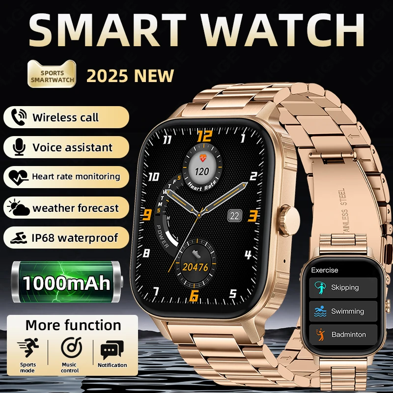 

LIGE Steel Smart Watch Women 1000mAh Battery Bluetooth Calling Heart Rate Sleep Monitoring AI Voice Waterproof Smartwatch Sports
