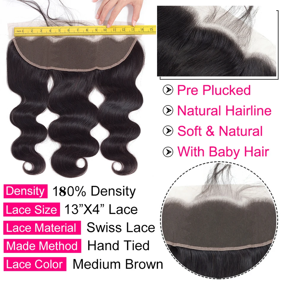 Body Wave Bundles With Frontal Closure 13*4 Malaysian Virgin Human Hair Weave Extensions 3 Bundles With HD Closure Transparent