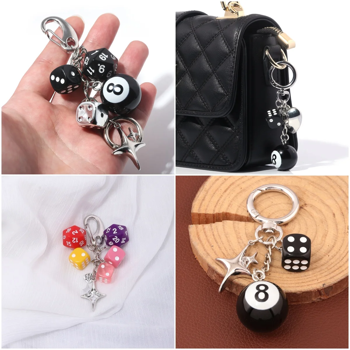 

Hiphop Black Dice No. 8 Billiards Keychain Y2K Pink Lucky Dice Starburst Pendant Charms Hangings Punk Men Women Backpack Jewelry