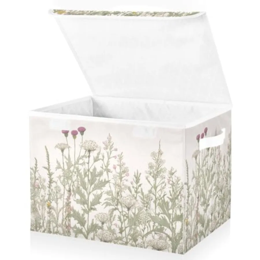 

Vintage Colorful Herbs and Wild Flowers Floral Storage Bins with Lids and Carrying HandleFoldable Storage Boxes Organizer Conta
