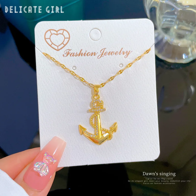 Titanium Steel Light Luxury Temperament Ship Anchor Pendant Micro Inlaid Zircon Necklace for Women\'s Gift Clavicle Chain Jewelry