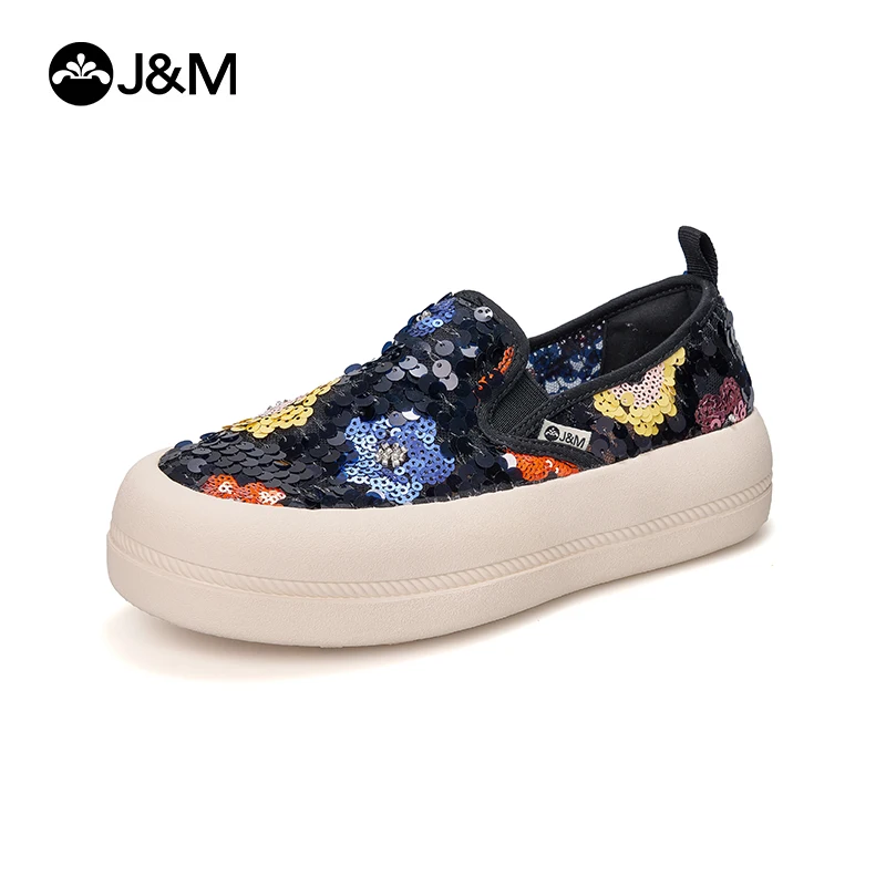 

J&M Fashion Women Loafers Spring Summer Flower Sequins Breathable Platforms Lady Slip-On Shoes White Casual Shoes Black Sneakers