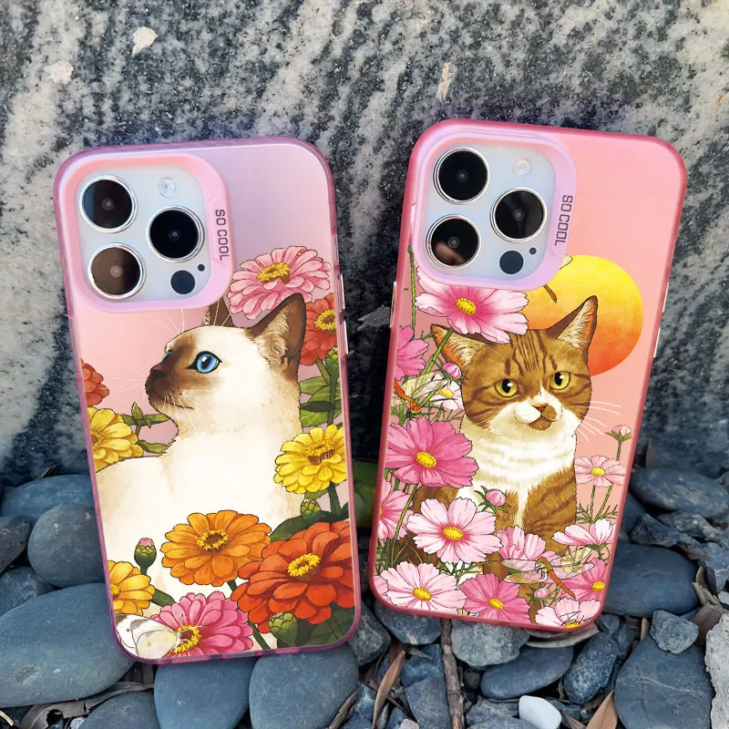 A Cat Among Flowers Phone Case For iPhone 13 11 12 Pro Max 13 Mini 15 14 Plus Pro Max Shockproof Laser Matte Back Covers Fundas