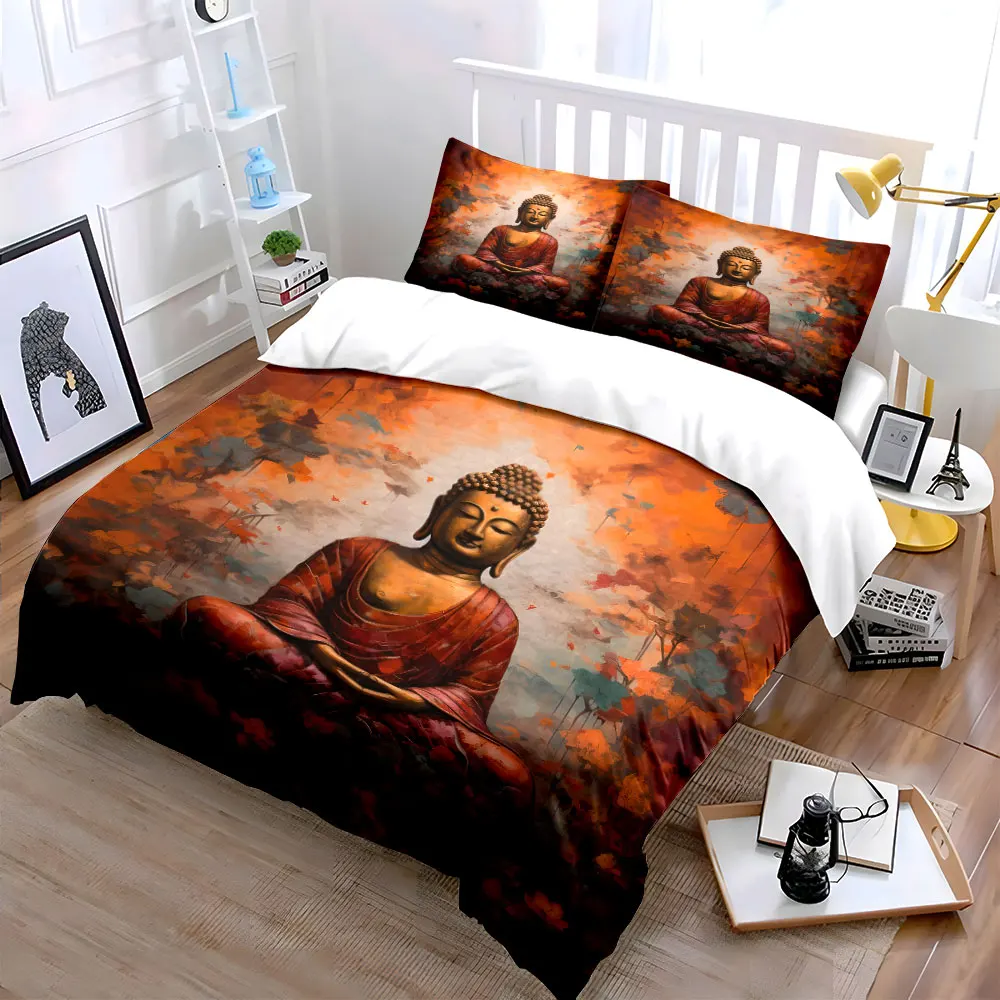 Buddha statue with vibrant autumn hues Pattern Duvet Cover Set Digital Print Colorful Polyester Bedding with Zipper Closur