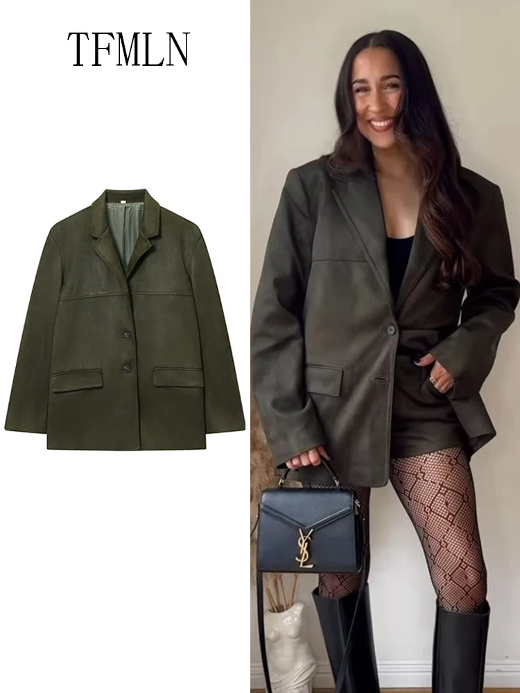 

Simple Office Lady Suede Blazer Jackets 2025 Autumn Notched Single Breasted Loose Chic Causal Coats High Street Pockets Outwear