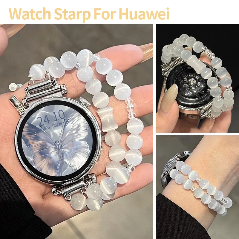 Chic White Cat Eye Bamboo Bead Band for Huawei Band 8 9 10 Double Layer Bracelet Women Smart Watch Wrist Strap for Huawei GT6543