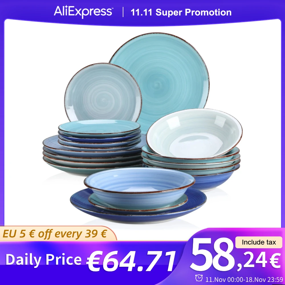 Vancasso BONITA Blue 18/36 Piece Dinnerware Set of Dinner plates, Soup Plates, Dessert Plates Earthenware Service for 12 People